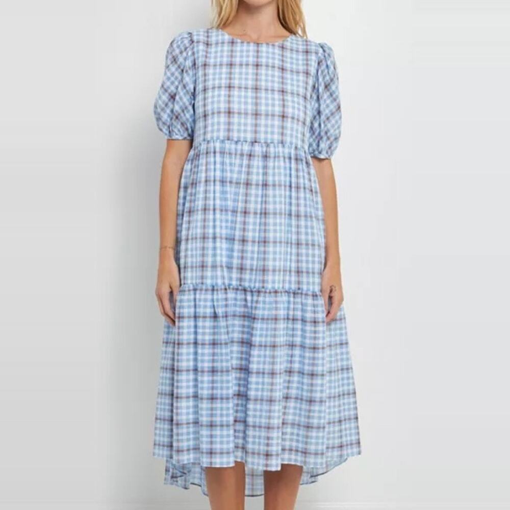 English Factory Tiered Peasant Midi Dress size Small Check Print Gingham Plaid